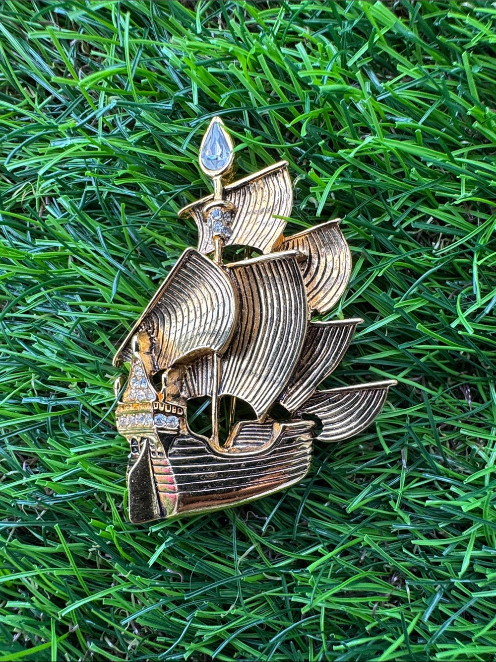 Vintage Gold Sailing Ship Brooch with Clear Accents